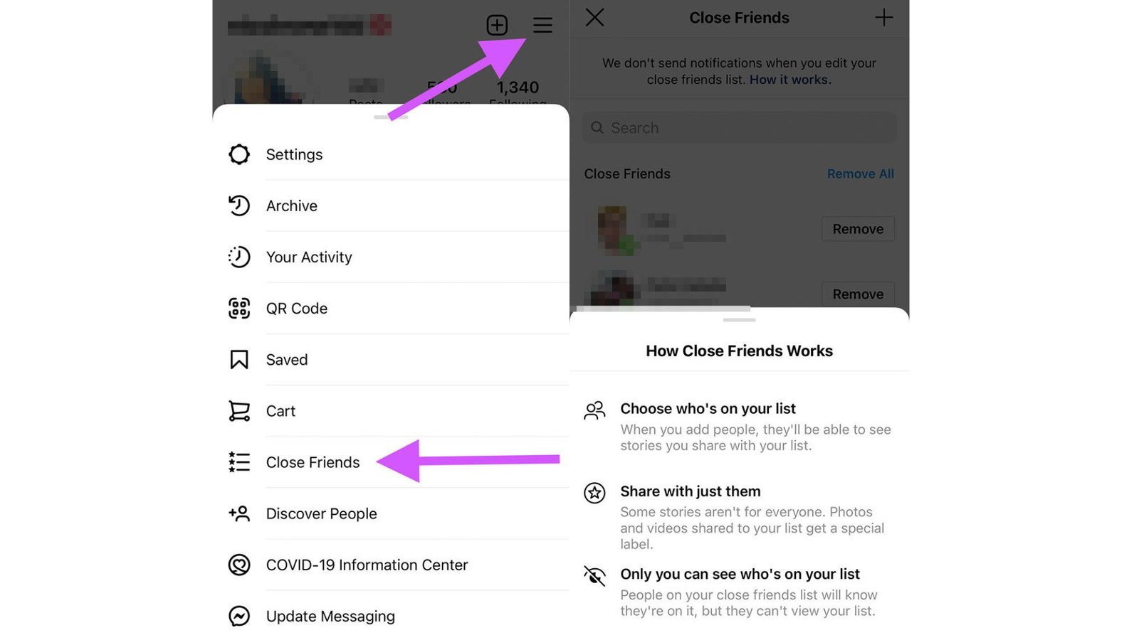 Two screenshots of the instructions for using Instagram