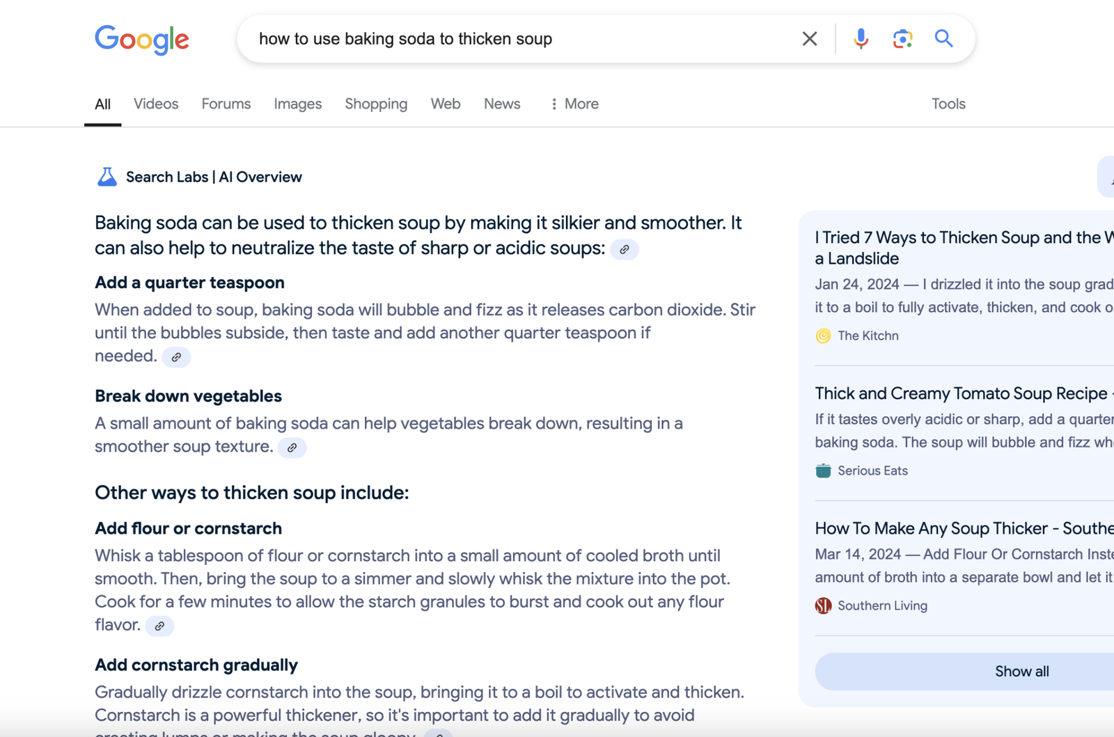 A Google Search user seeking confirmation that baking soda can thicken soup, and receiving it from an AI Overview