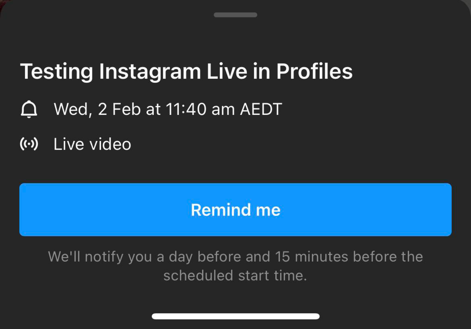 A screenshot of the Instagram popup with details of a scheduled livestream.