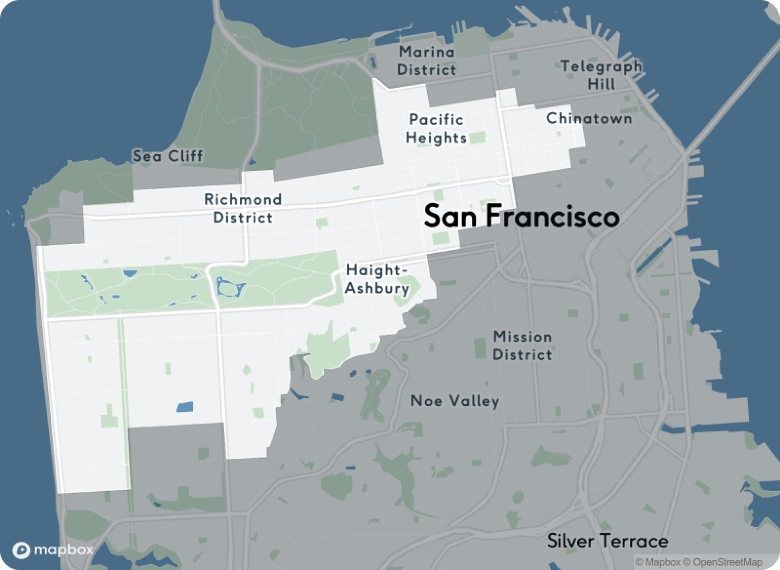 Map of San Francisco shaded white and gray.