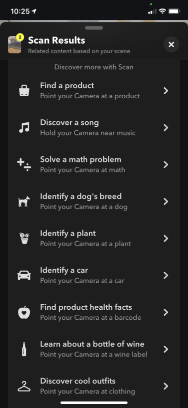 A screenshot of a menu of capabilities in the Snapchat Scan app.