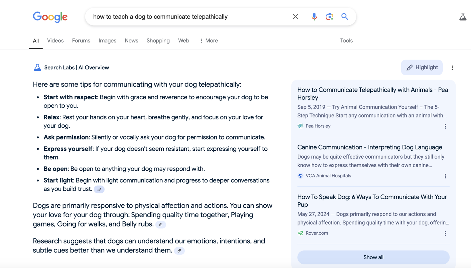 A Google Search user seeking information about how to communicate with a dog telepathically, and receiving an AI Overview that begins "Here are some tips for communicating with your dog telepathically"