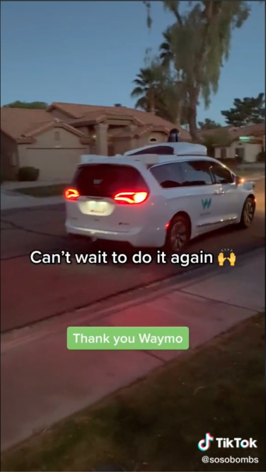 A white minivan drives away in a TikTok screenshot with the captions "Can