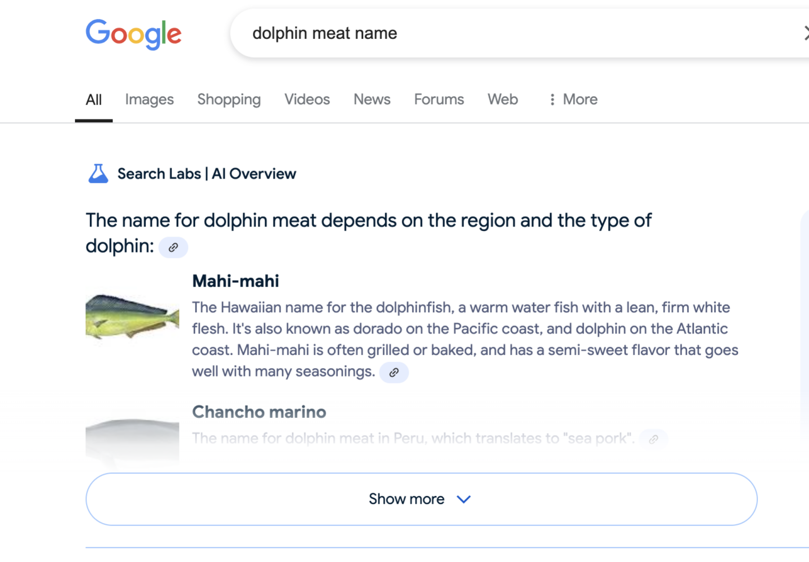 A Google Search user searching "dolphin meat name" and receiving the anser mahi-mahi"