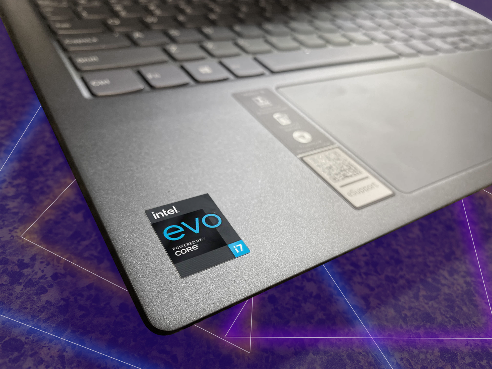 close up showing Intel Evo sticker on laptop