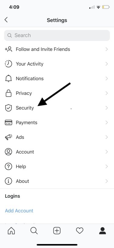 screenshot of instagram setting with an arrow pointing to security