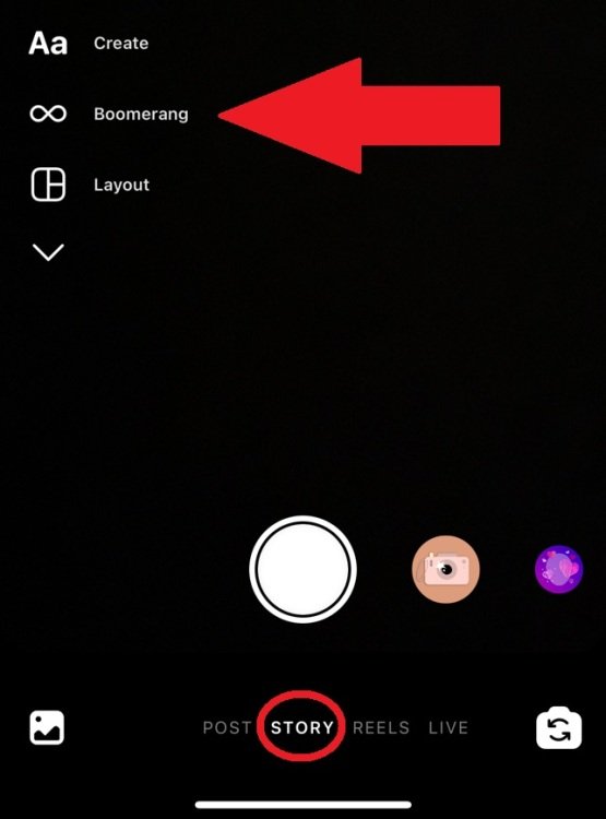 Arrow pointing to icon to create Boomerang in Story