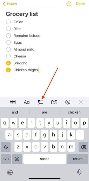 screenshot of grocery list with checked items