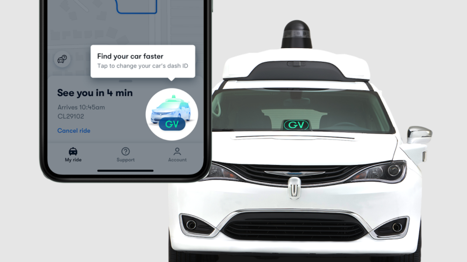 A Waymo minivan is the background with a zoomed in screenshot of an iPhone in front.