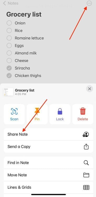 screenshot of how to share note